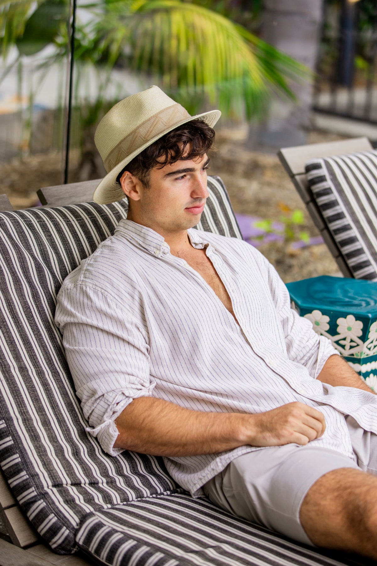 White palm leaf straw fedora with a woven textile band, view 2