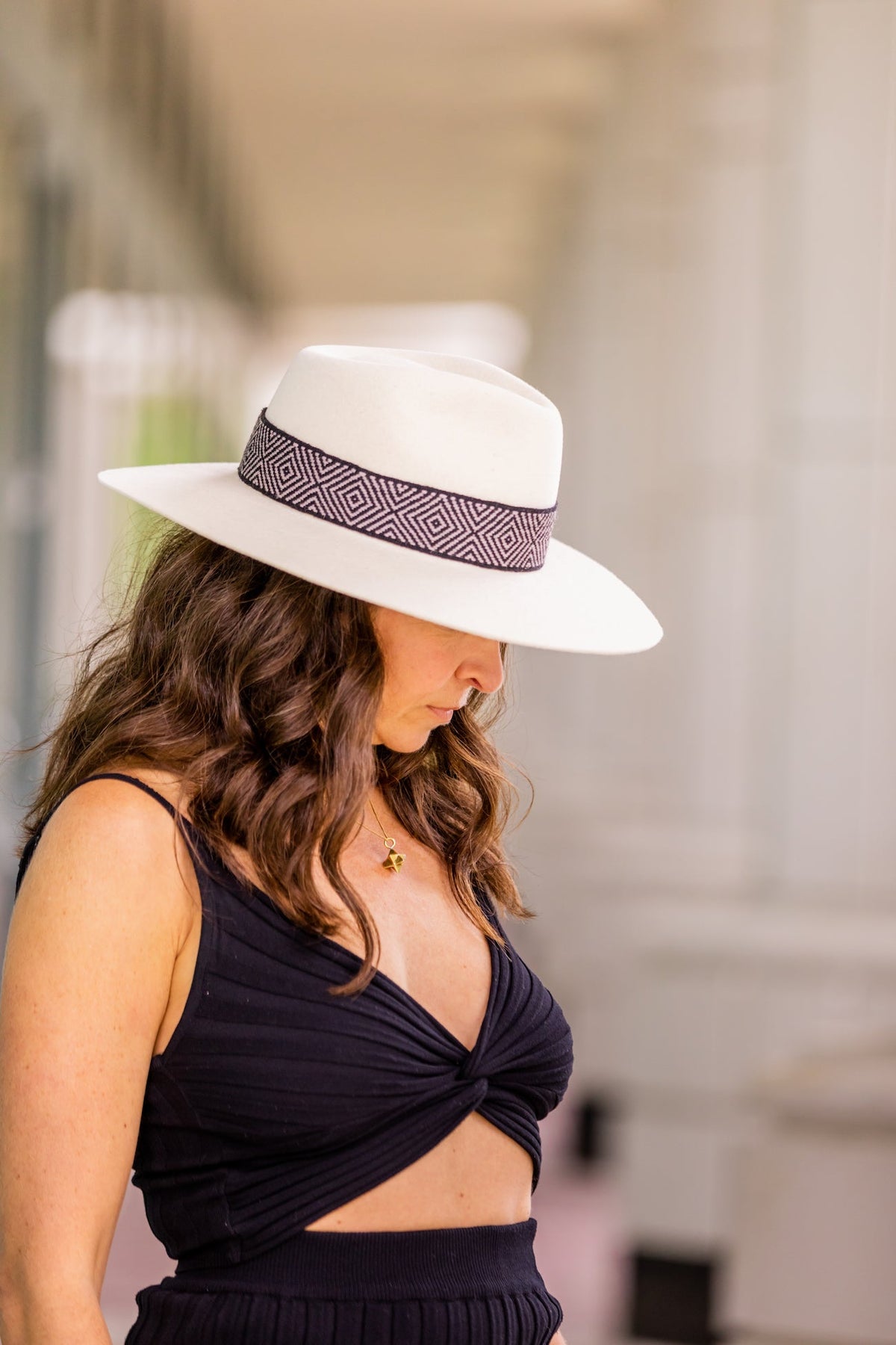 Speckled white alpaca wool felt Western hat with a woven hatband, view 3