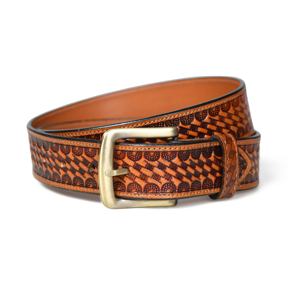 Brown carved leather belt with brass buckle, view 3