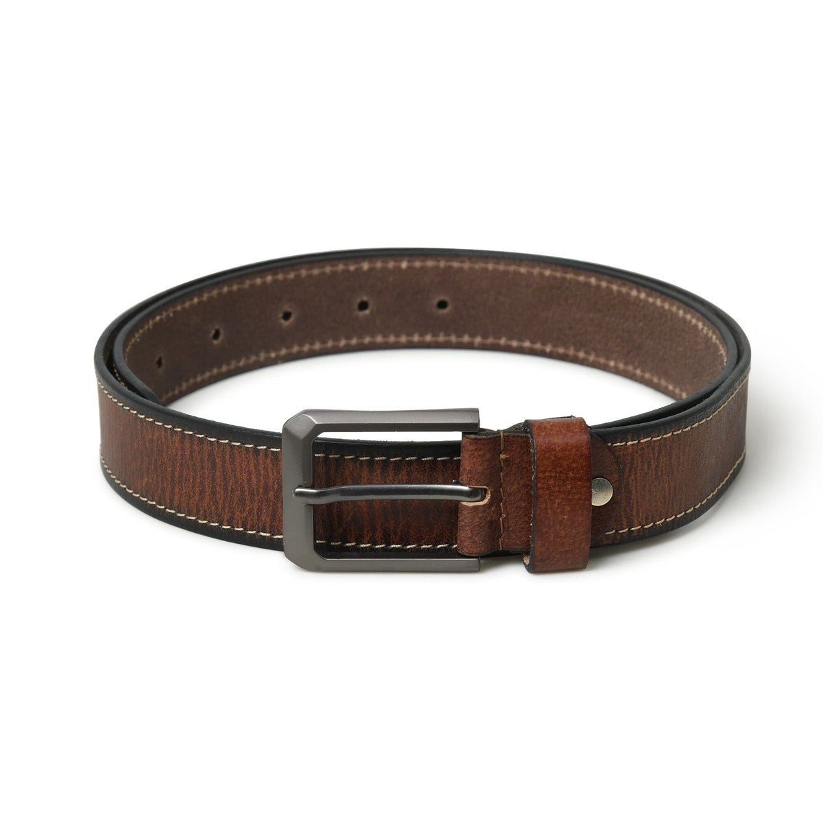 Textured brown buffalo leather belt with metal buckle, view 4