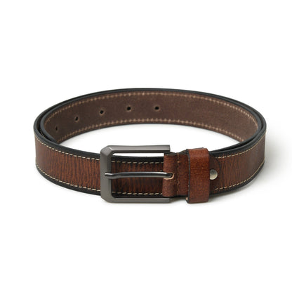 Textured brown buffalo leather belt with metal buckle, view 4