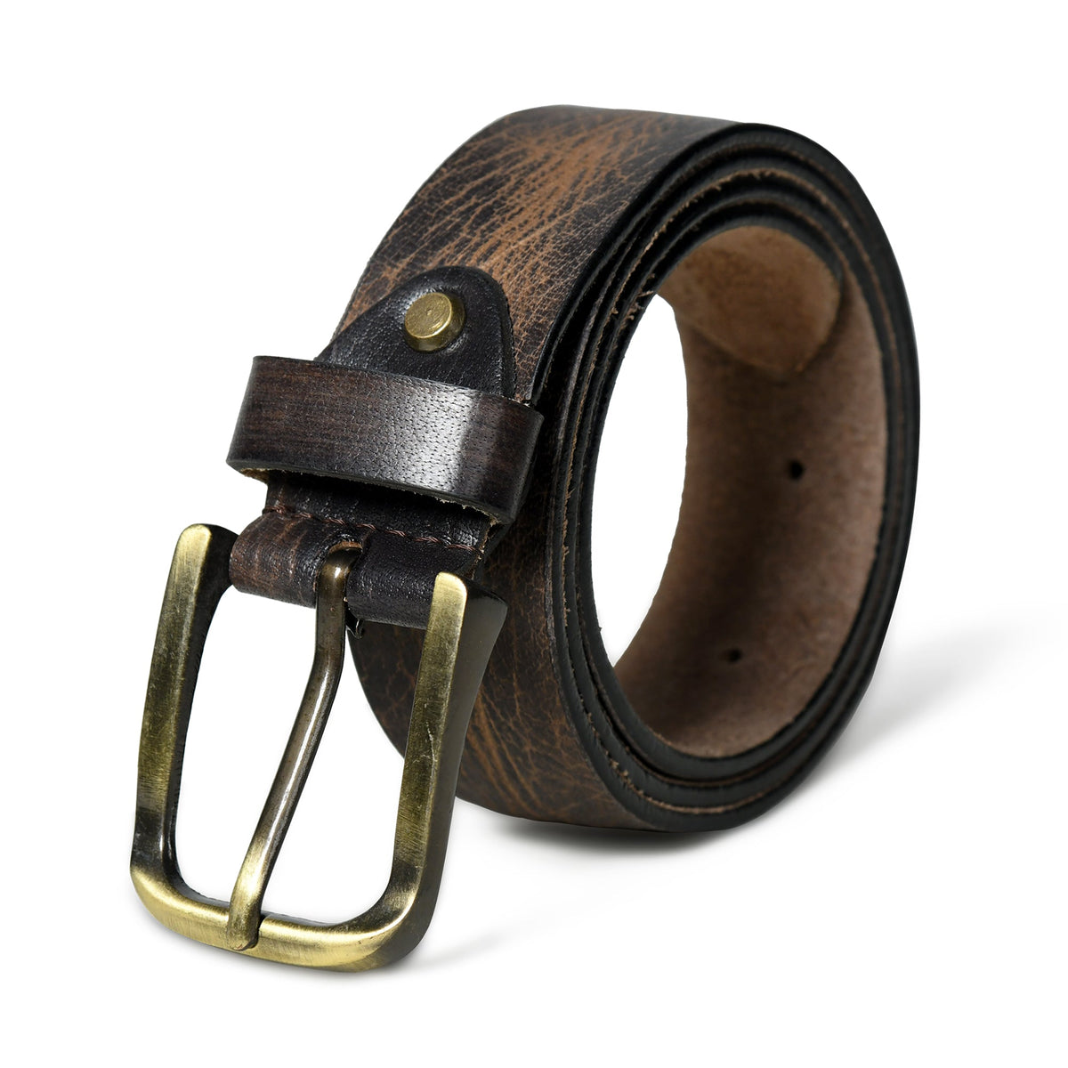 Dark brown leather belt with black accents and brass buckle