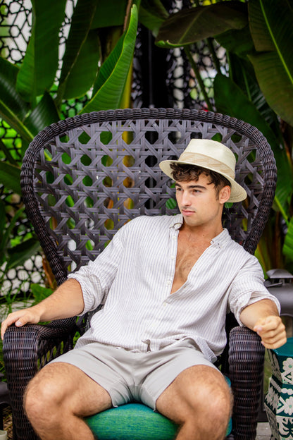 White palm leaf straw fedora with a woven textile band, view 3