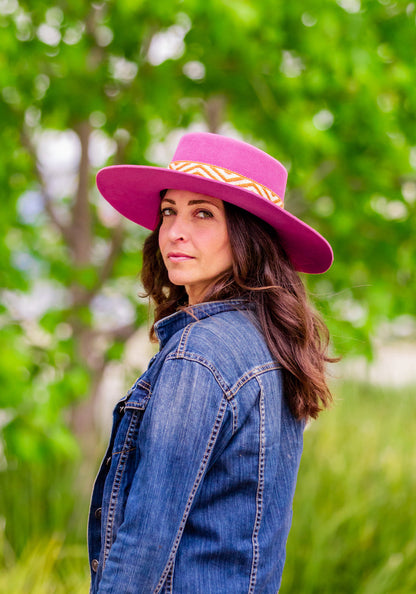 Berry pink alpaca wool felt Spanish style hat with a woven band, view 3
