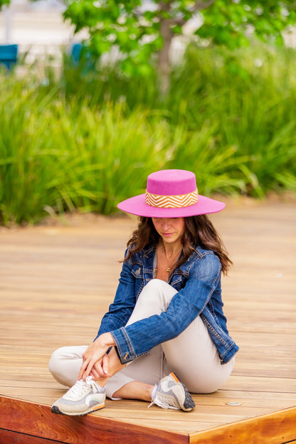 Berry pink alpaca wool felt Spanish style hat with a woven band, view 2