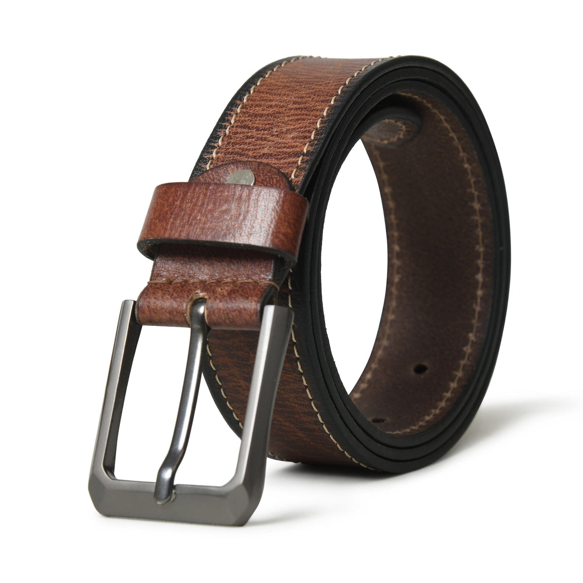 Textured brown buffalo leather belt with metal buckle