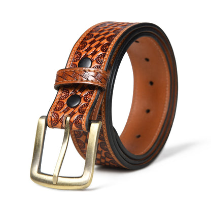 Brown carved leather belt with brass buckle