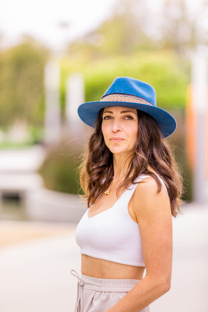 Denim blue alpaca wool felt fedora with a short brim and woven band, view 2