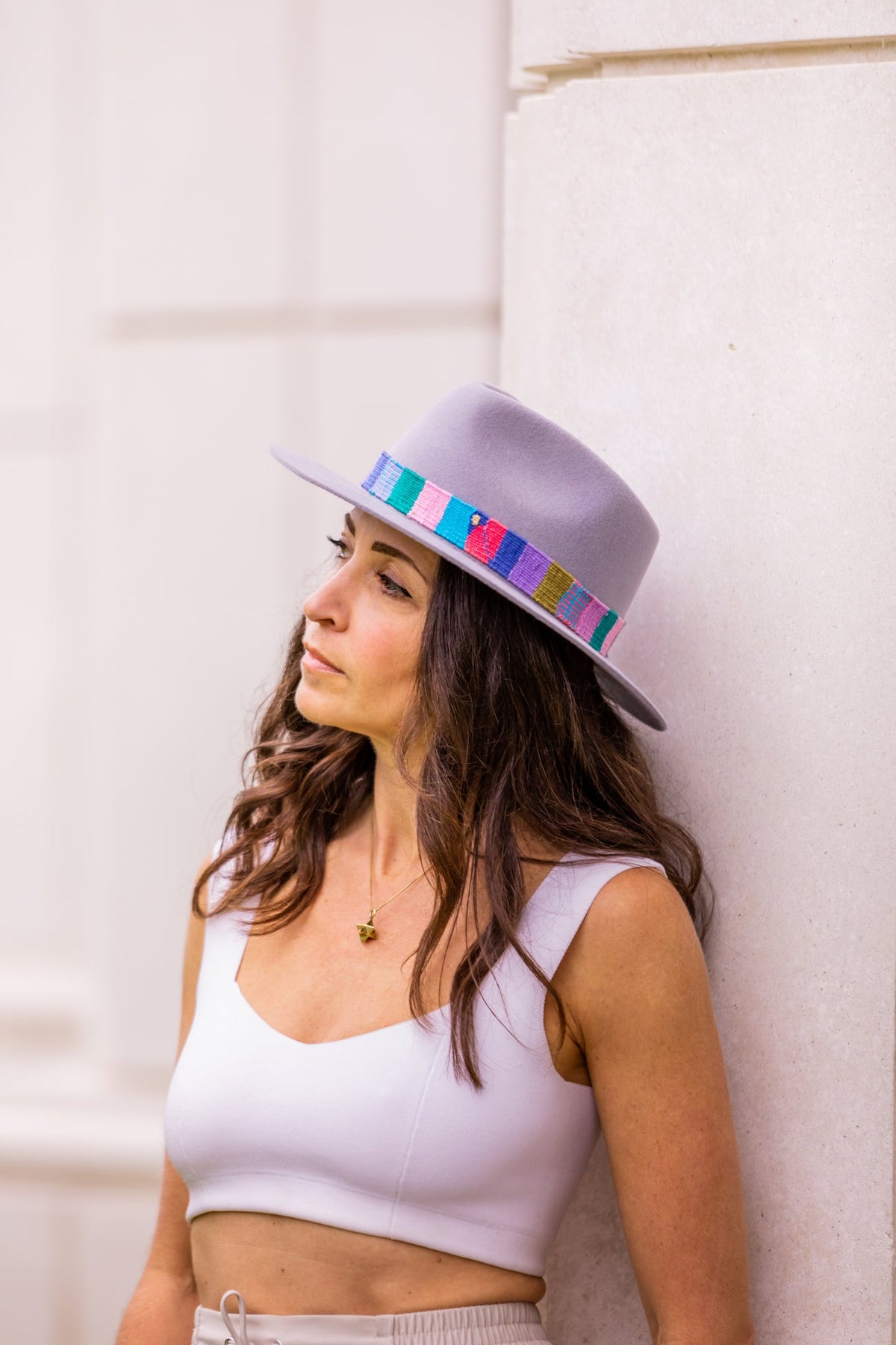 Lavender alpaca wool felt fedora with a woven textile hatband, view 3
