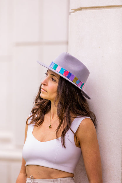 Lavender alpaca wool felt fedora with a woven textile hatband, view 3