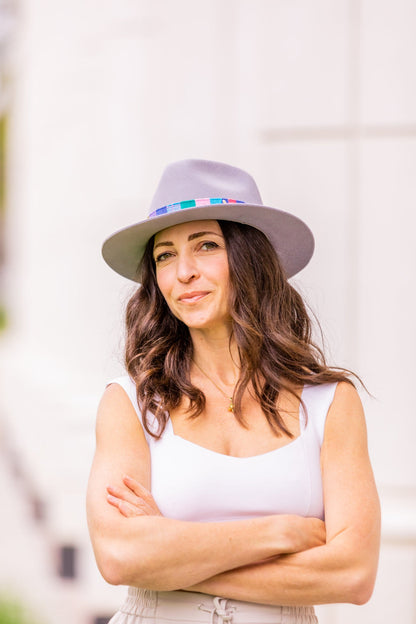 Lavender alpaca wool felt fedora with a woven textile hatband, view 4