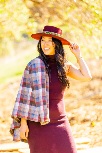 Maroon alpaca wool felt bucket hat with a woven textile band, view 3