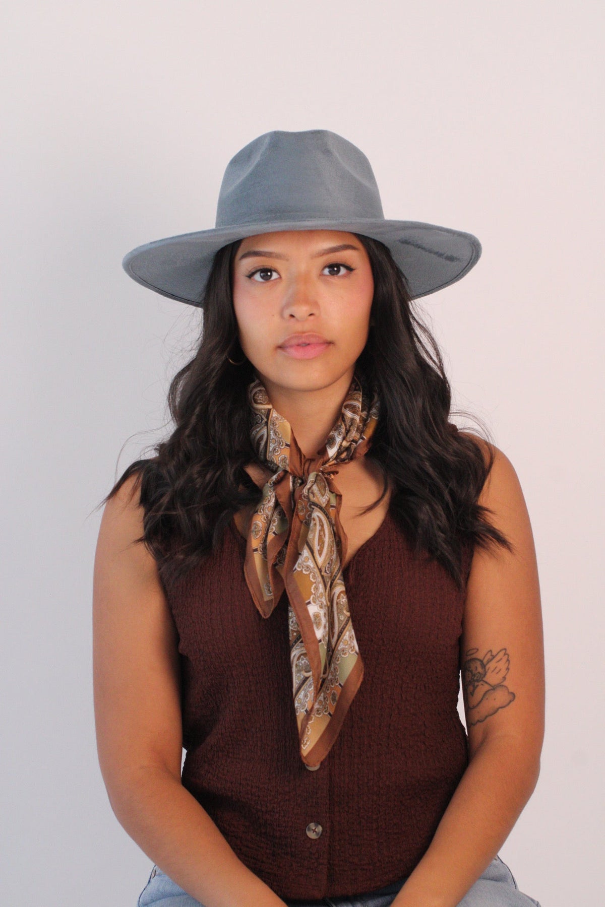 Peacock blue vegan suede rancher hat with a flat 3-inch brim, view 4