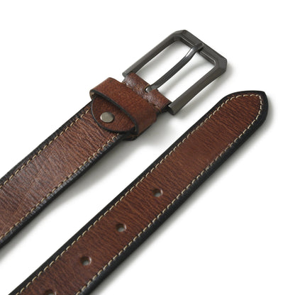 Textured brown buffalo leather belt with metal buckle, view 2