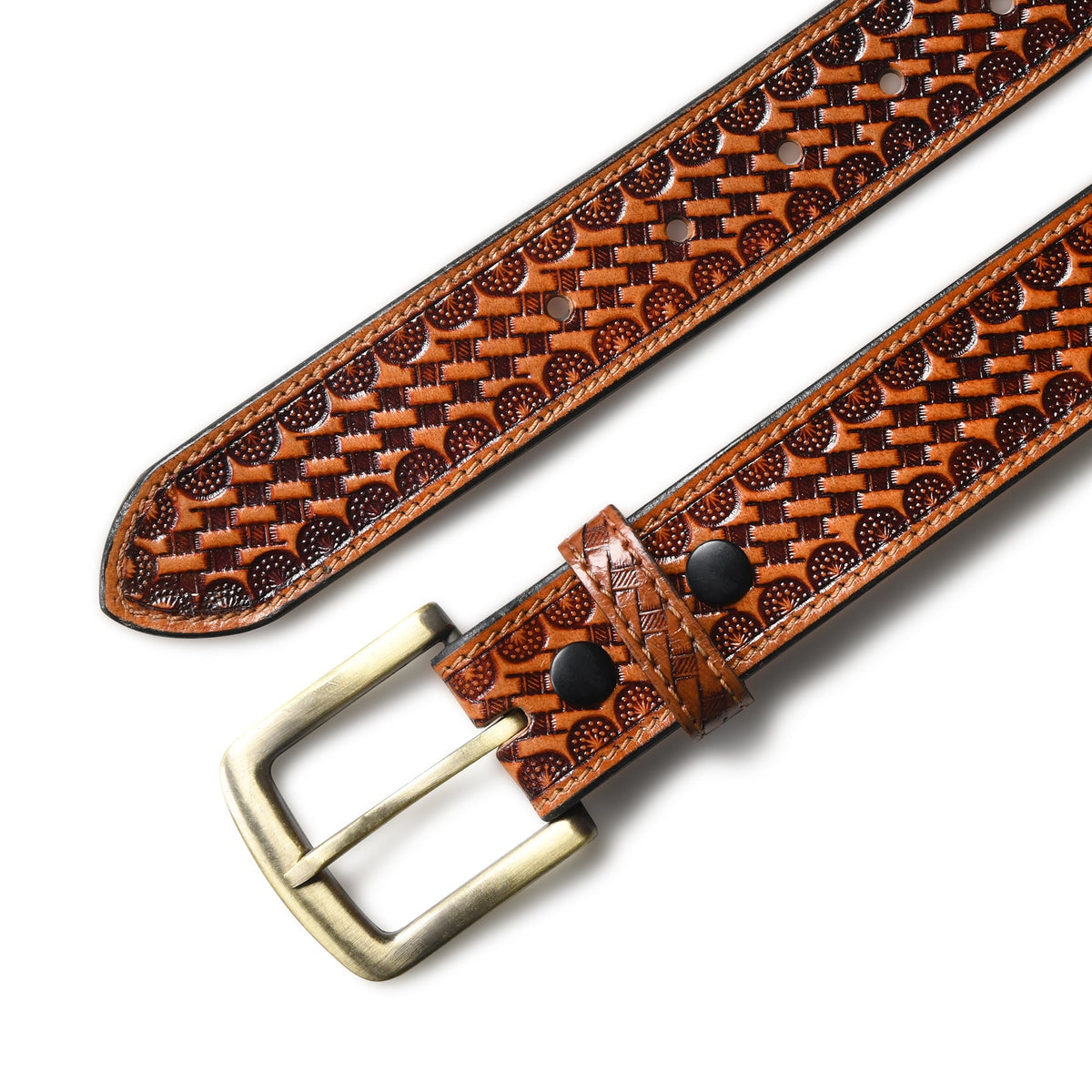 Brown carved leather belt with brass buckle, view 4