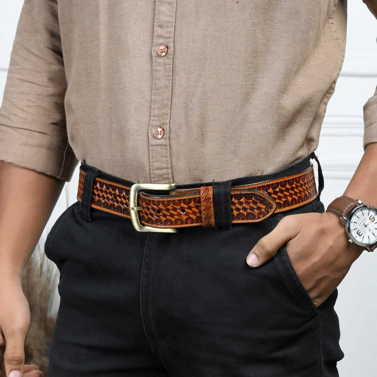 Brown carved leather belt with brass buckle, view 2