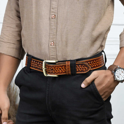Brown carved leather belt with brass buckle, view 2
