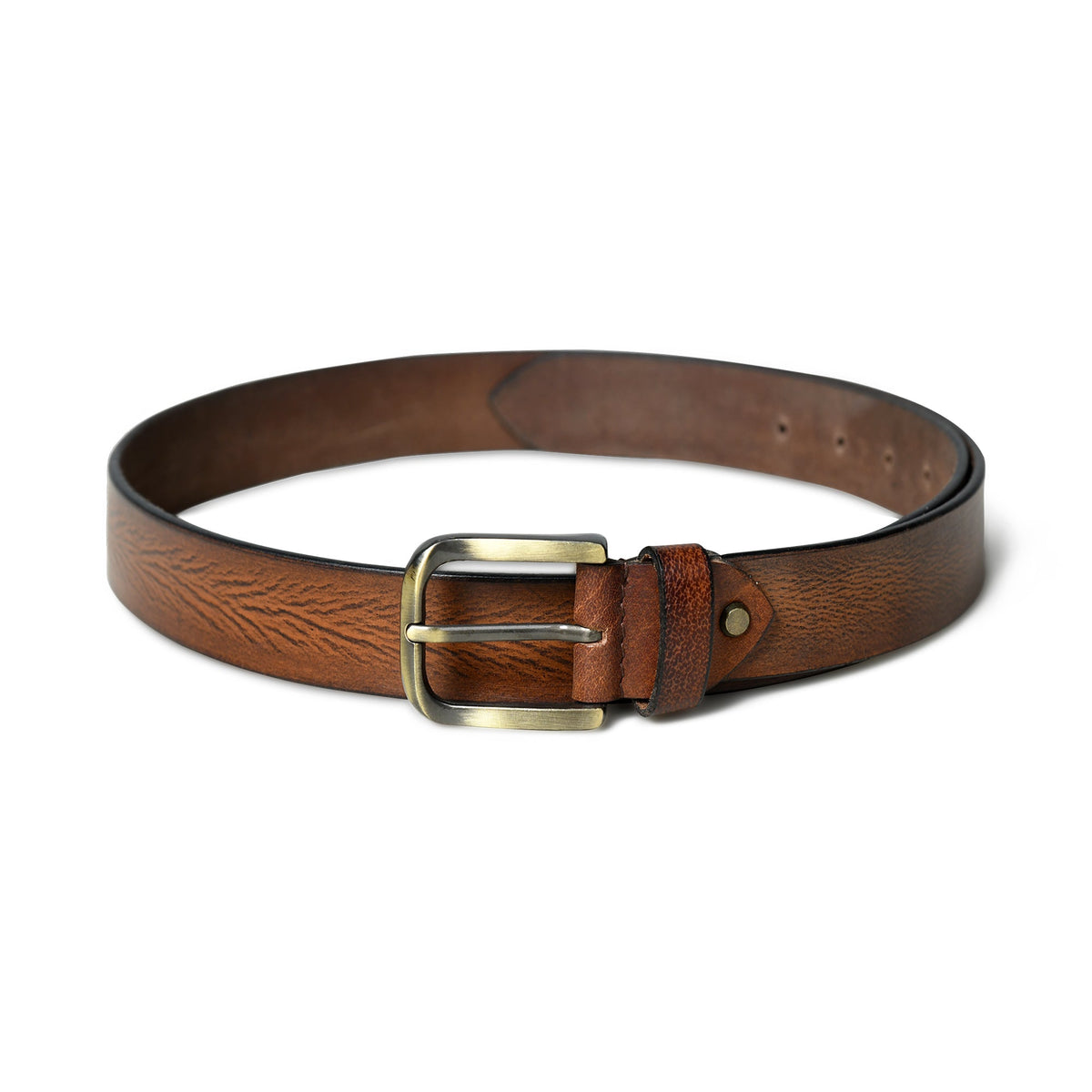 Brown leather belt with orange and black accents and metal buckle, view 3