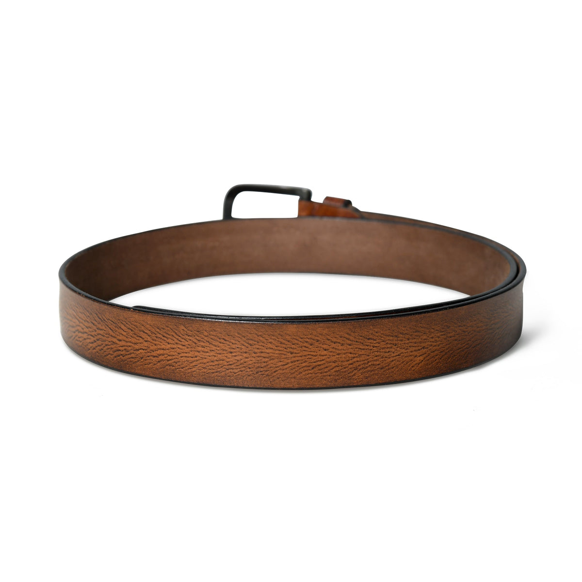Brown leather belt with orange and black accents and metal buckle, view 4