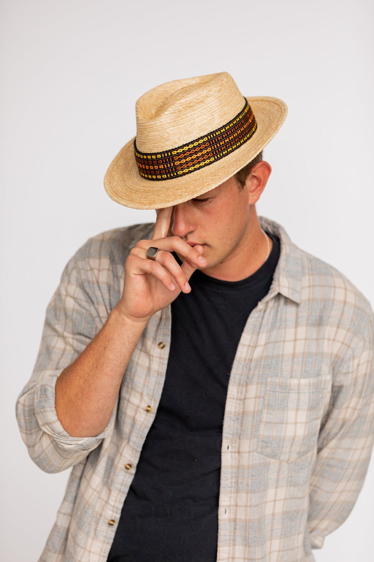 Natural palm leaf straw fedora with a woven hatband, view 4