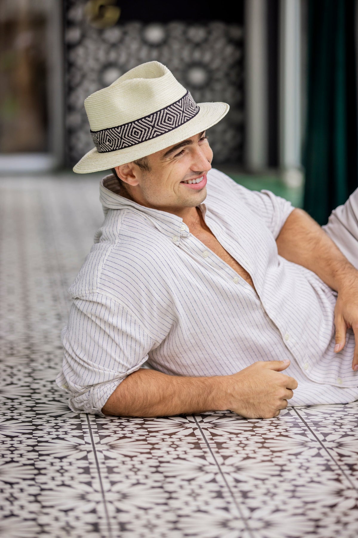 White palm leaf straw fedora with a woven textile band, view 4