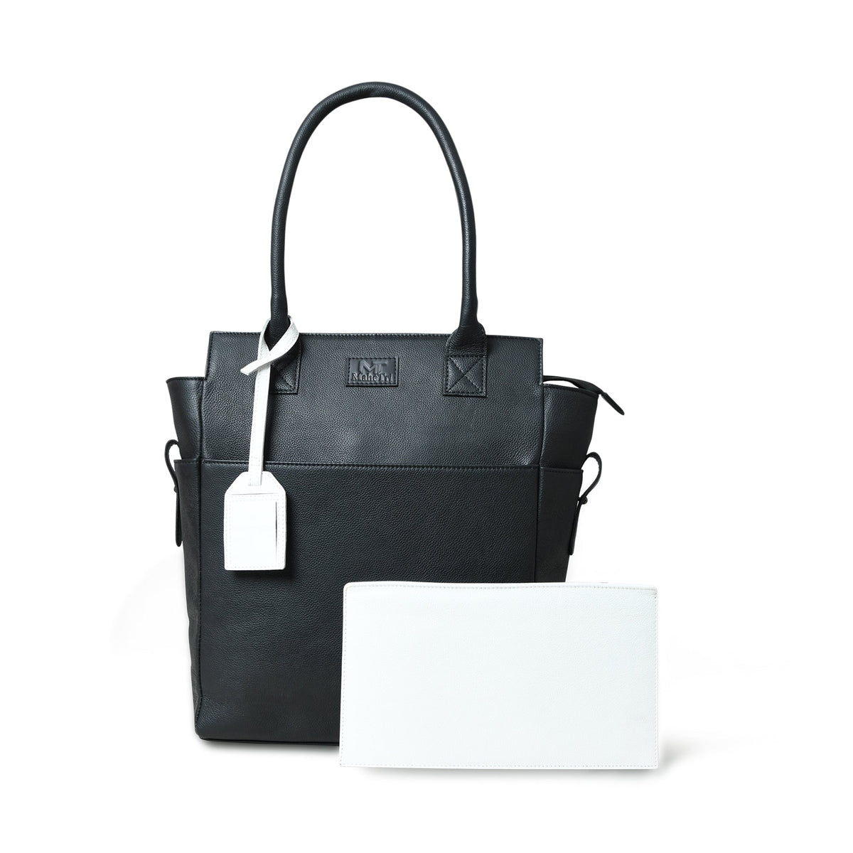 Black buffalo leather shopper tote with shoulder handles