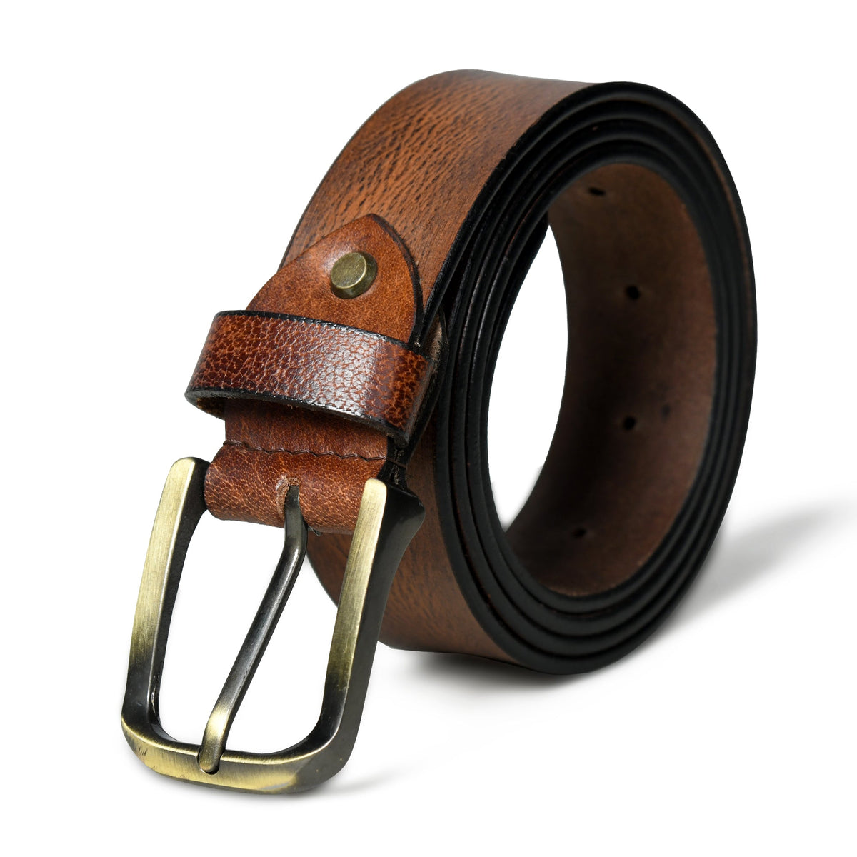 Brown leather belt with orange and black accents and metal buckle