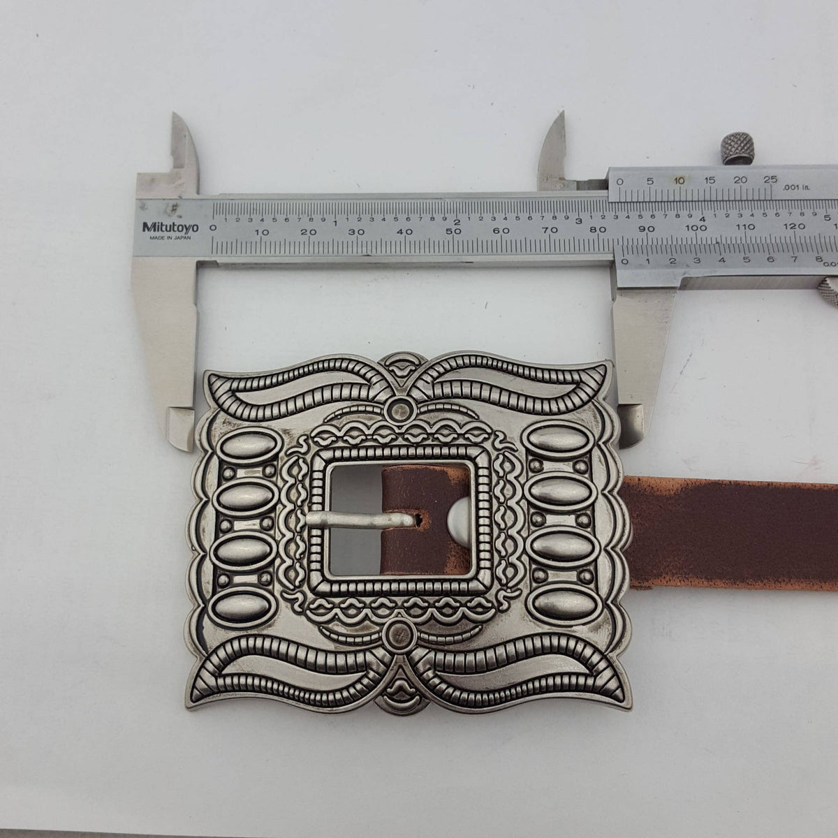 Distressed leather belt with silver rectangular conchos, view 13
