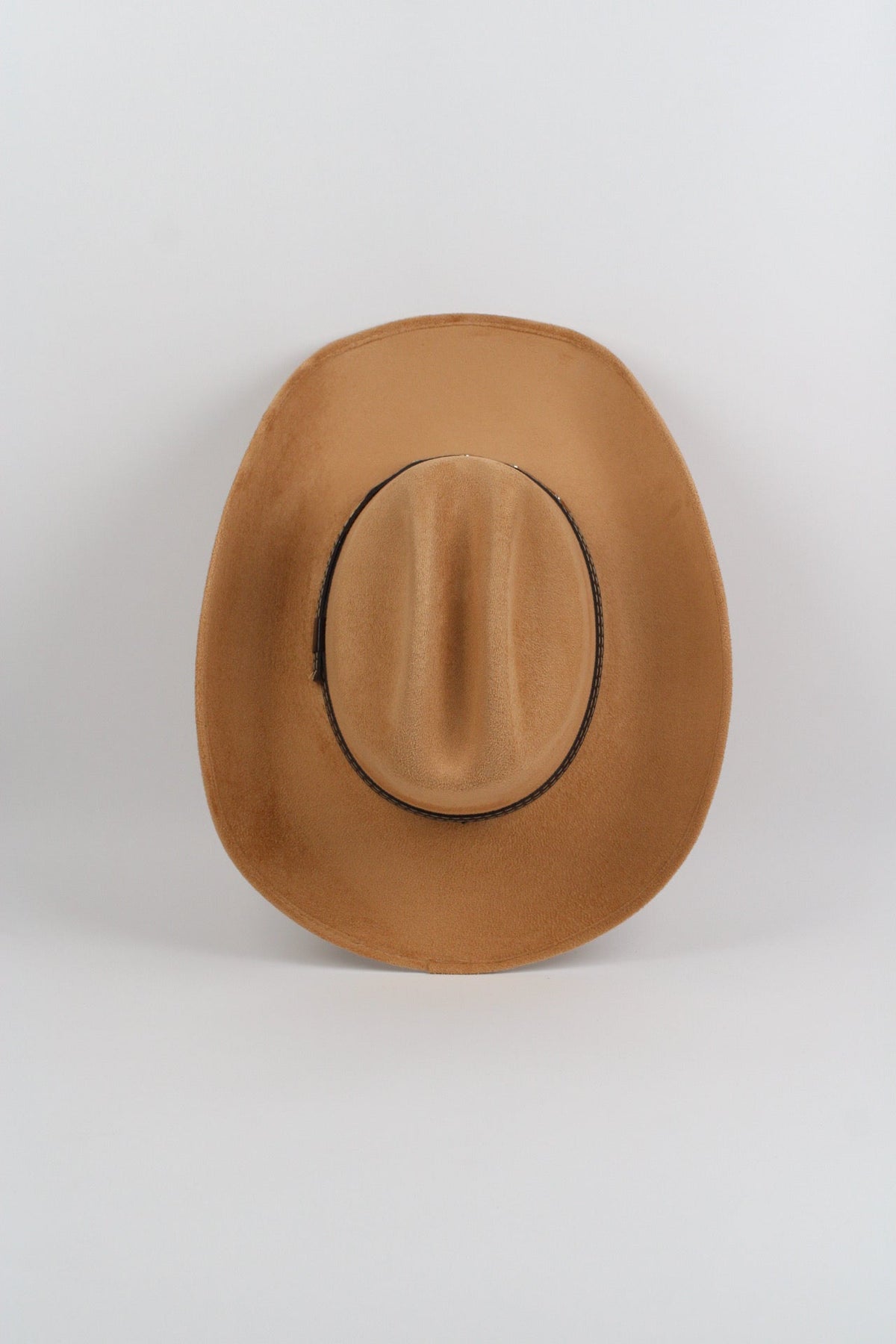 Cappuccino brown vegan suede cowboy hat with a lifted brim and faux leather band, view 4