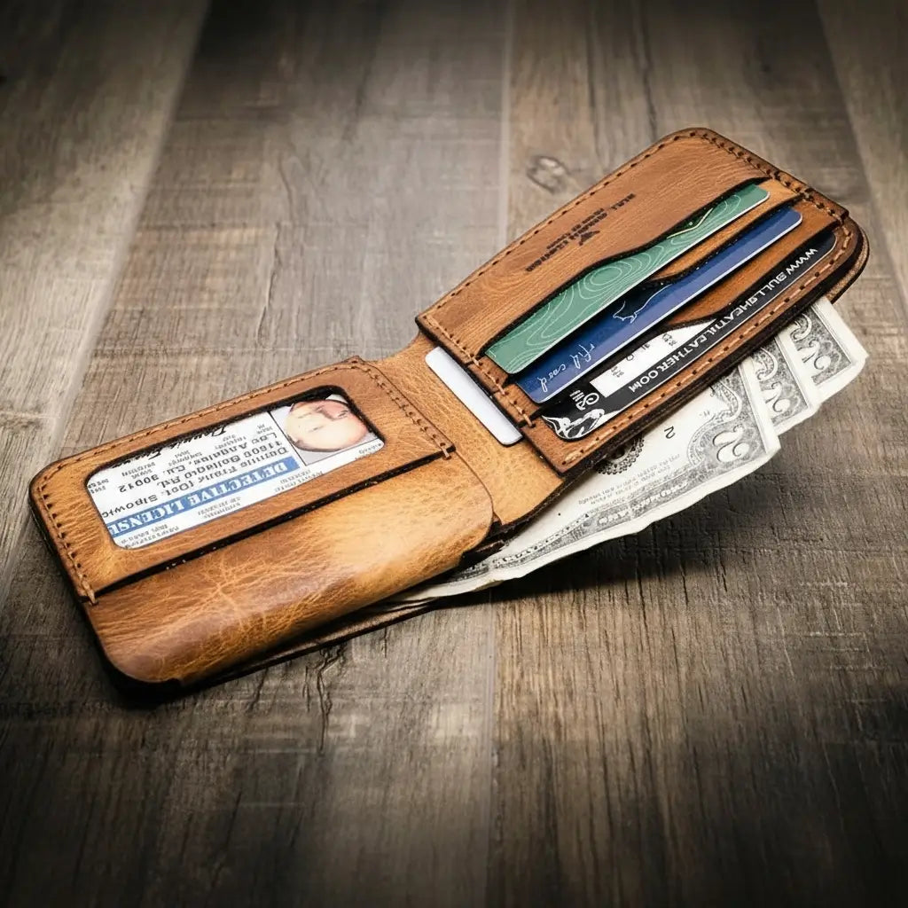 Saddle tan leather bifold badge wallet with badge slot, view 4