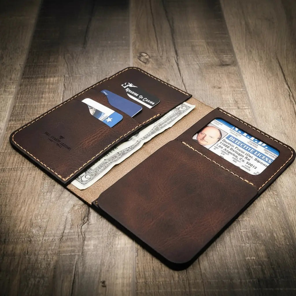Tall full-grain leather badge long wallet by Bull Sheath, view 6