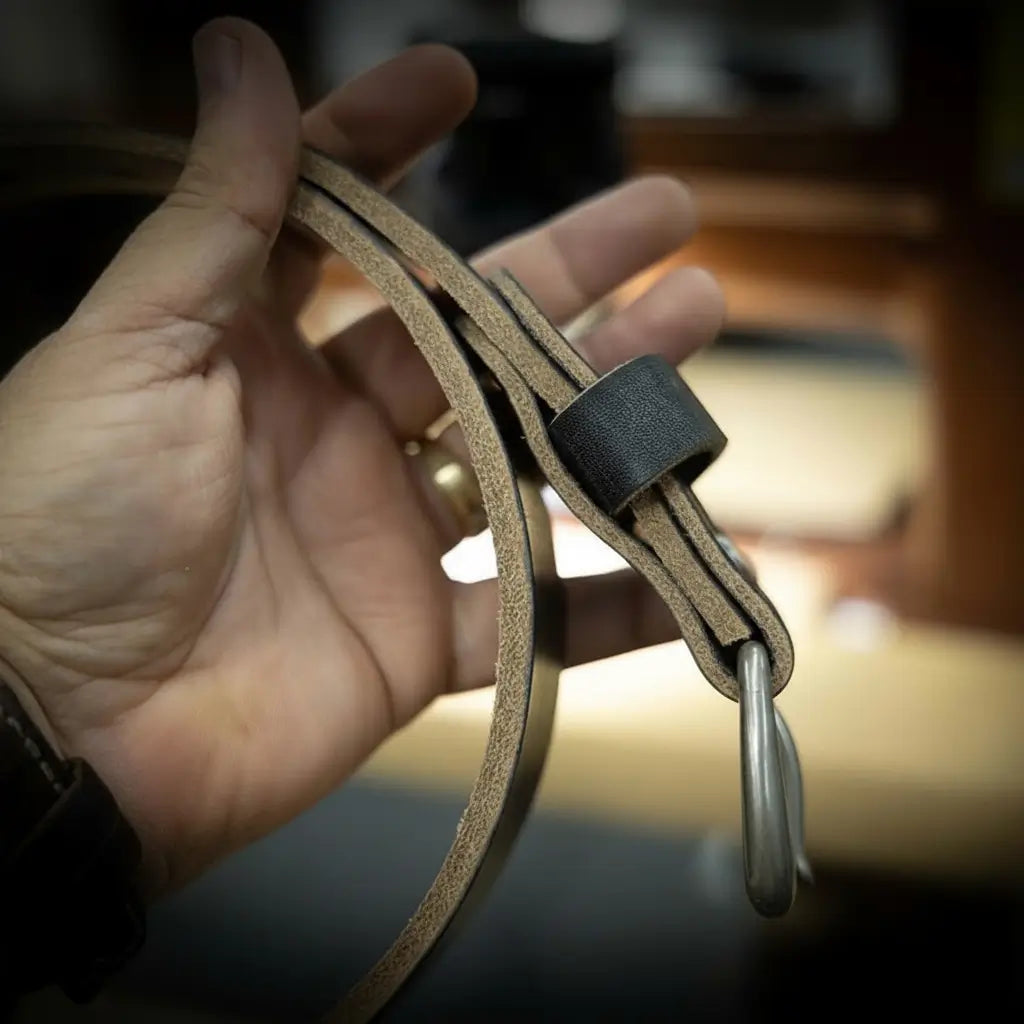 Black oak bark tanned leather belt with solid brass buckle, view 4
