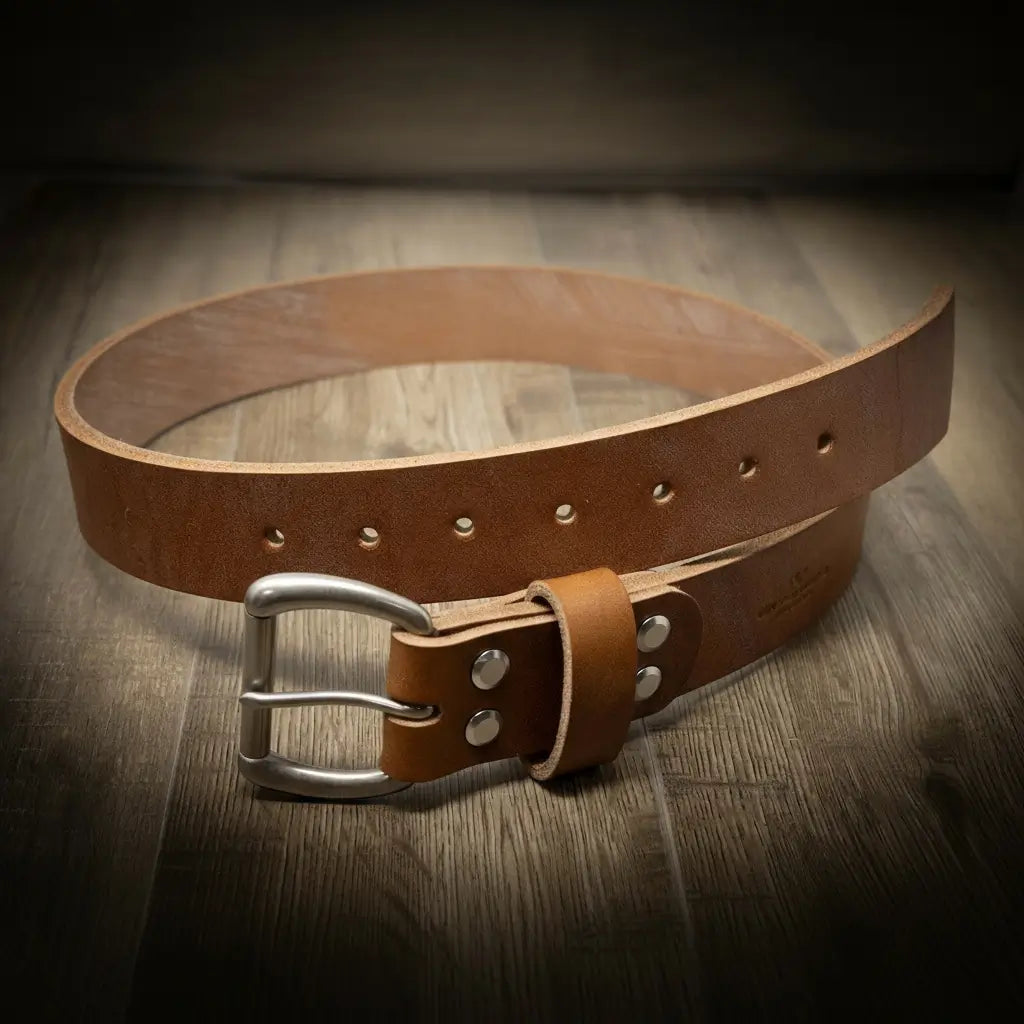 Oak brown full-grain leather belt with solid brass buckle