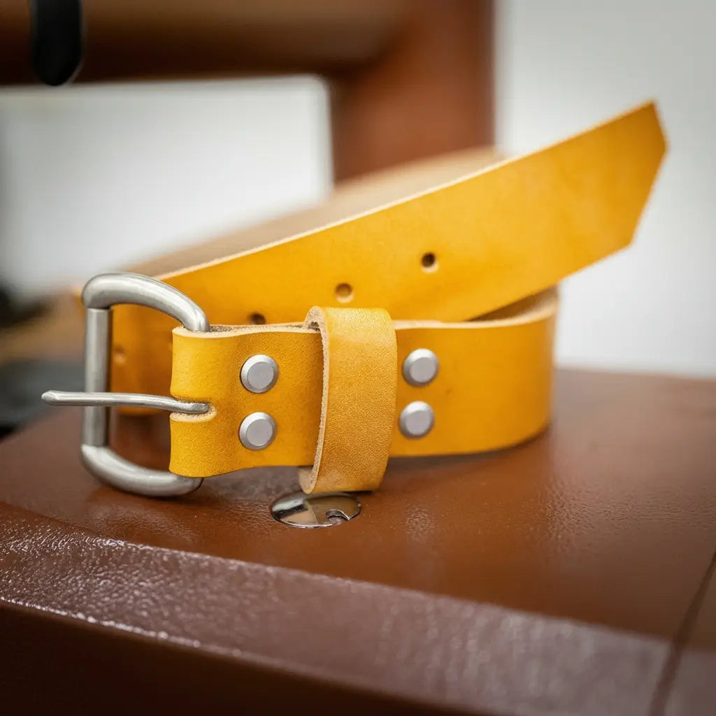 Saddle tan oak bark tanned leather belt with solid brass buckle