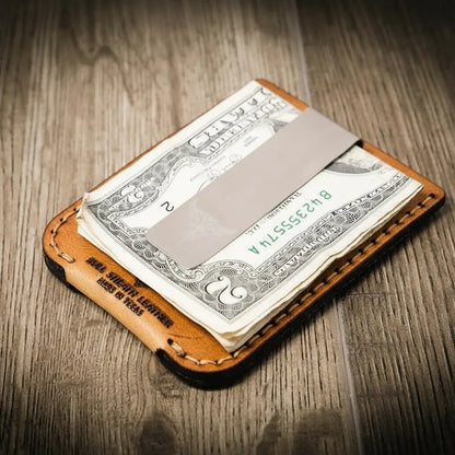 Saddle tan leather money clip wallet with card slots and metal clip, view 2