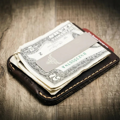 Saddle tan leather money clip wallet with card slots and metal clip, view 4