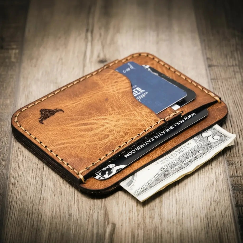 Saddle tan leather minimalist wallet with card slots and ID window, view 3