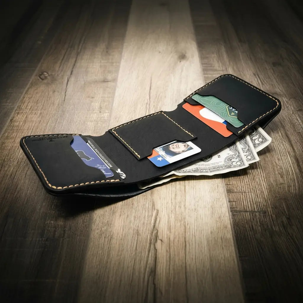 Trinity River Trifold Wallet in Black by Bull Sheath Leather, view 2