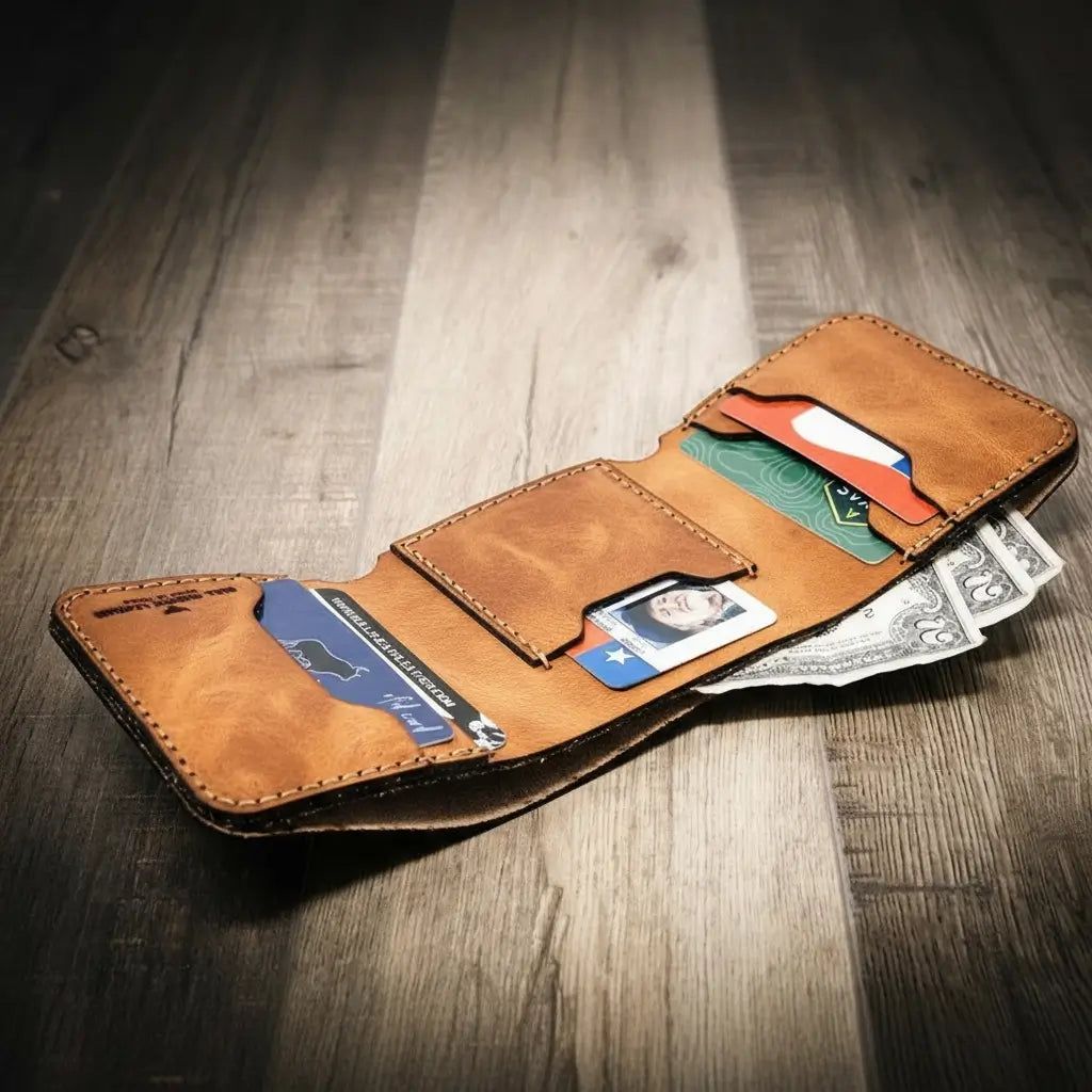 Saddle tan Horween leather trifold wallet with card slots, view 2