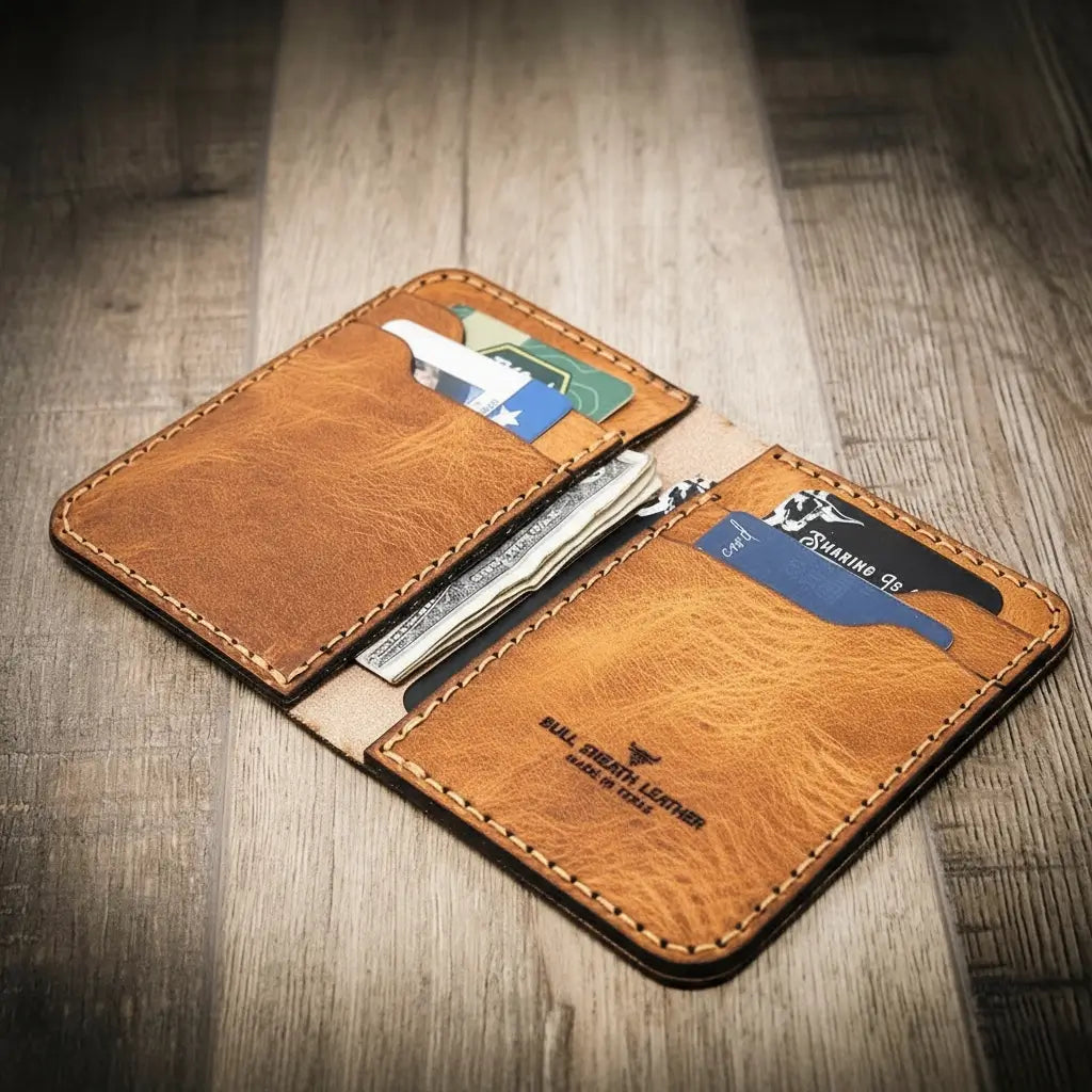 Saddle tan vertical leather wallet with card slots