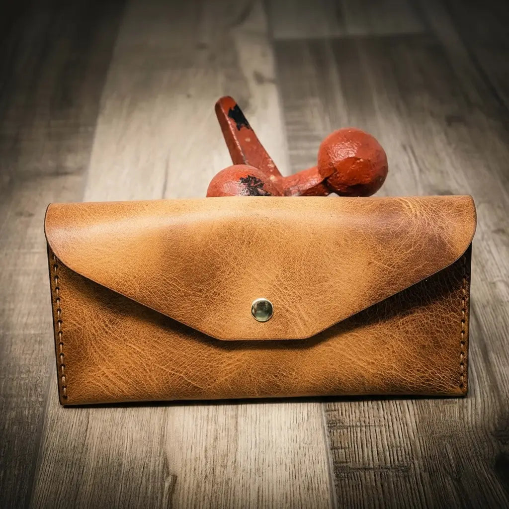 Saddle tan wrap-around leather clutch wallet folded flat, view 2