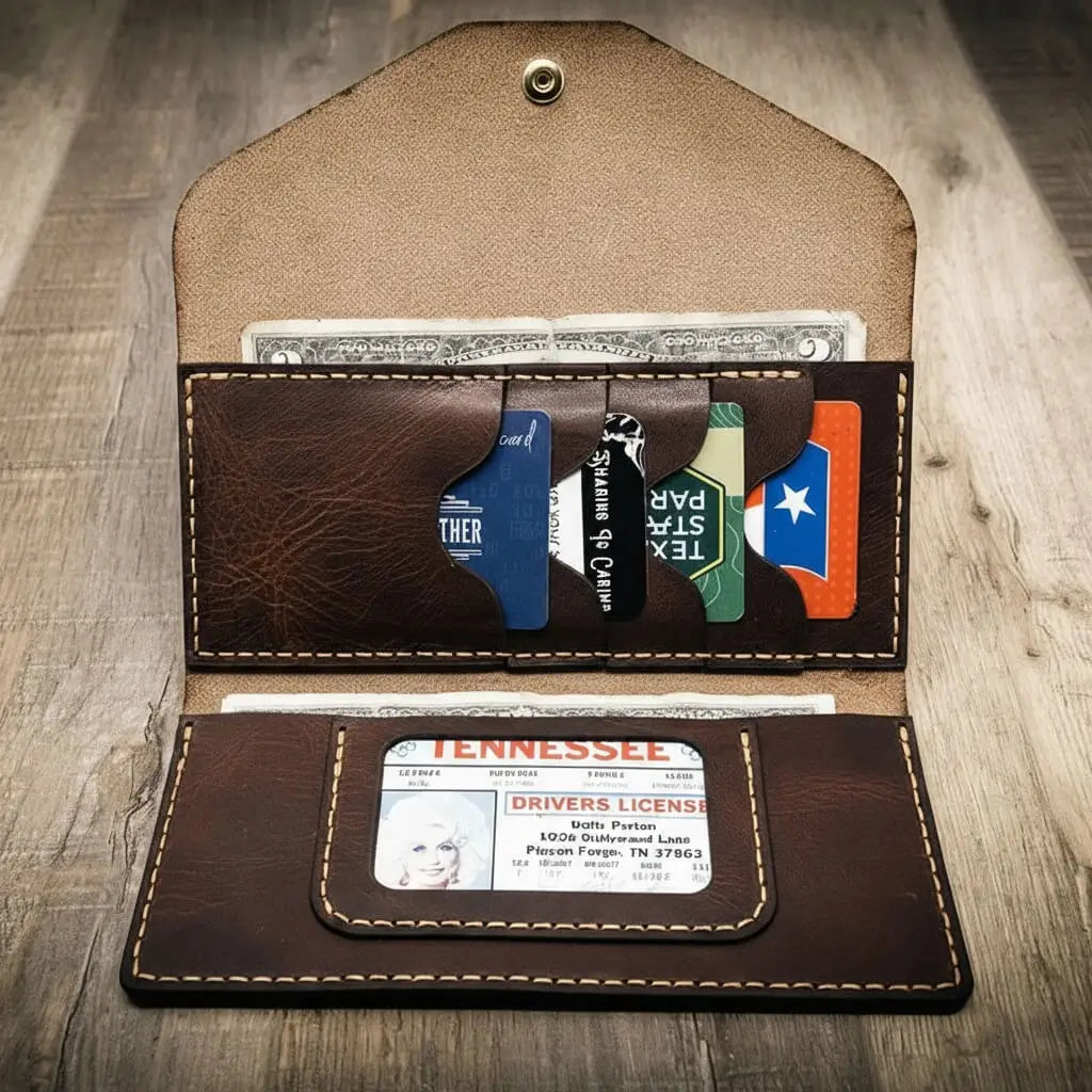 Saddle tan wrap-around leather clutch wallet folded flat, view 4