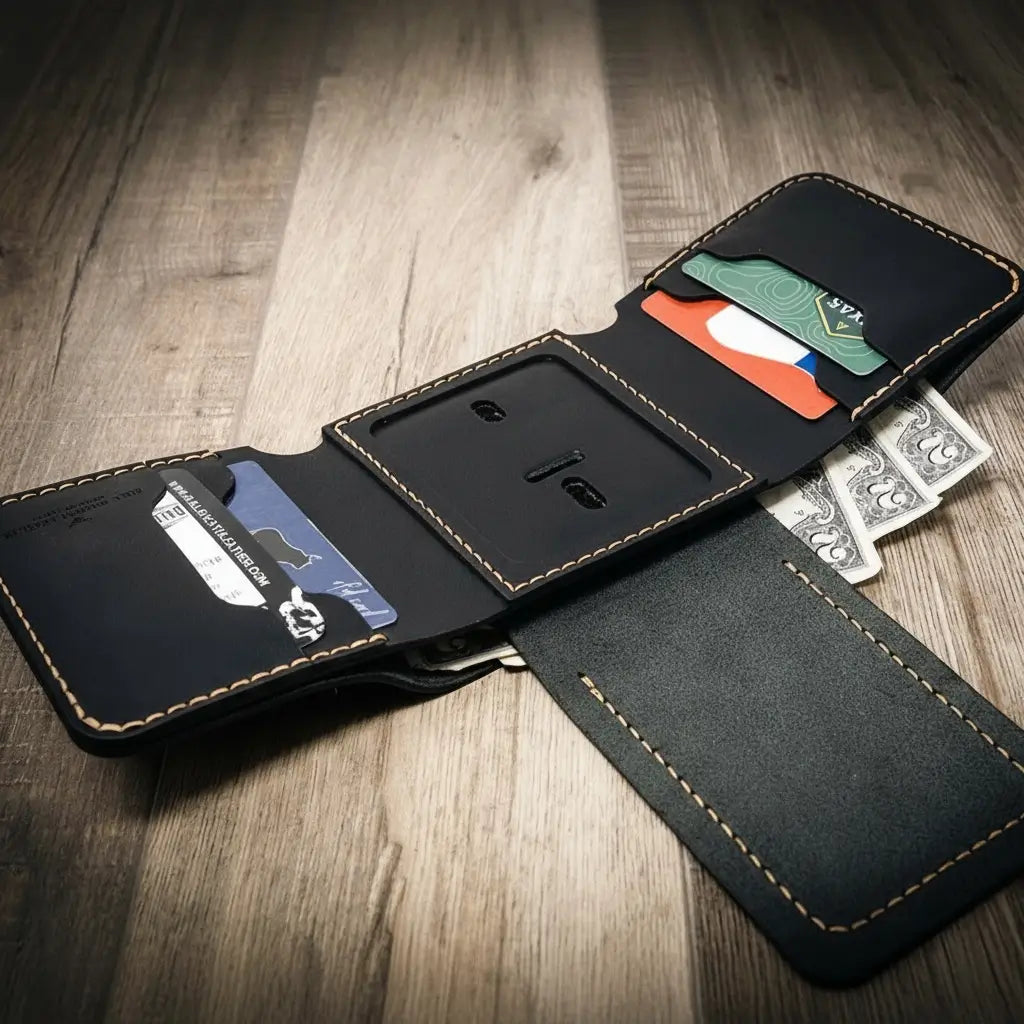 Long Shift Badge Trifold Wallet in Black by Bull Sheath Leather, view 6