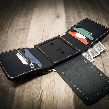 Long Shift Badge Trifold Wallet in Black by Bull Sheath Leather, view 6