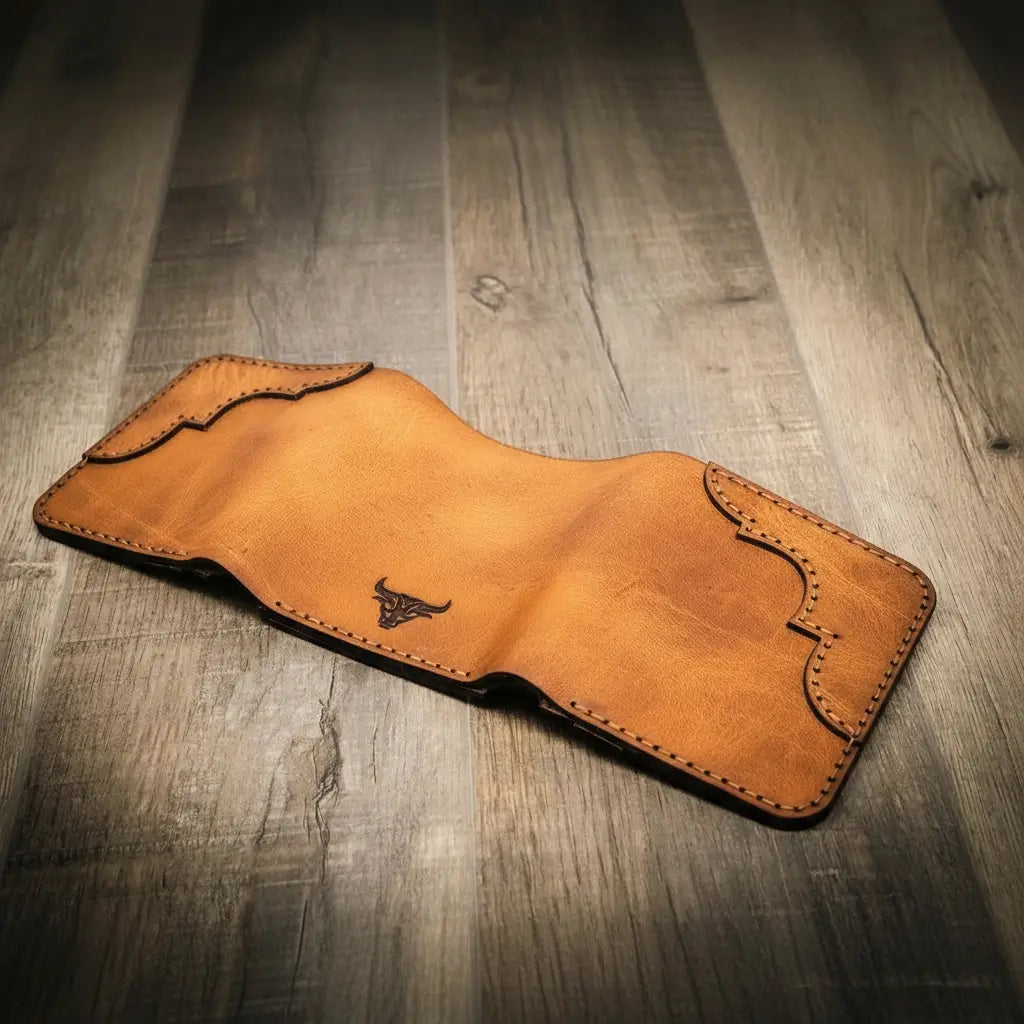 Saddle tan western tooled leather trifold wallet, view 3