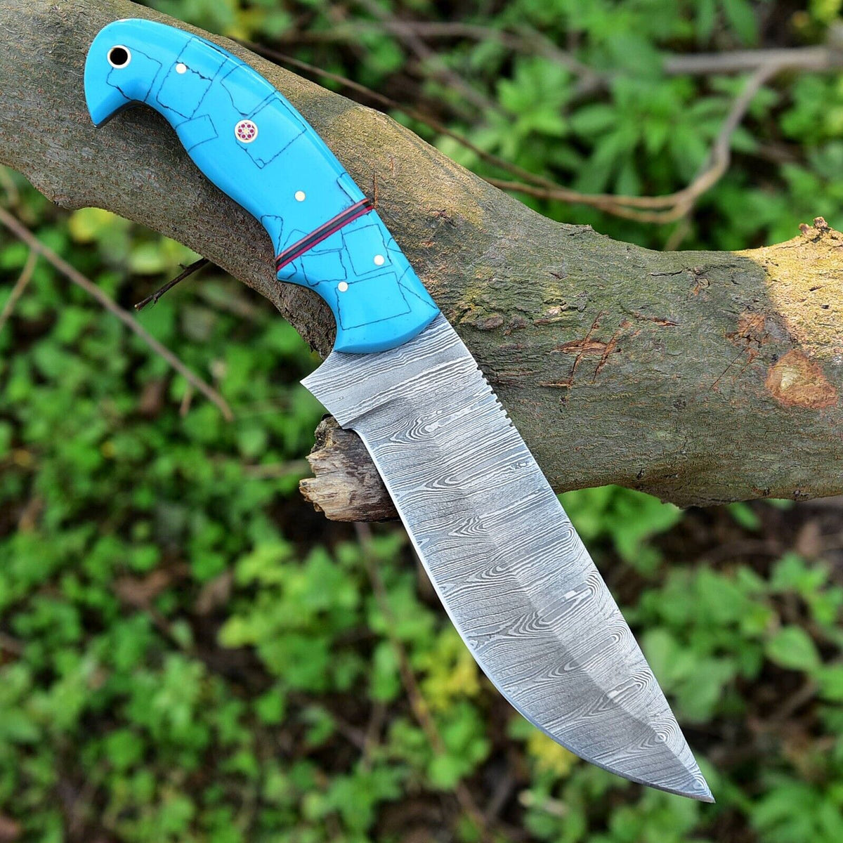 Custom Handmade Damascus Steel Hunting Knife – 10-Inch Blade with Resin Handle, Includes Leather Sheath