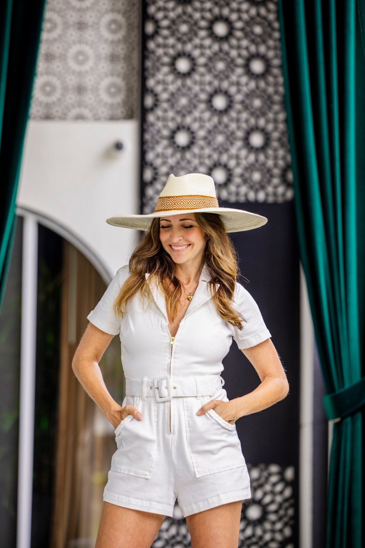 White palm leaf straw Western hat with a wide brim and woven band, view 2