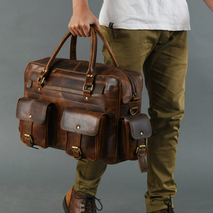 Brown buffalo leather laptop briefcase with brass hardware and shoulder strap, view 2