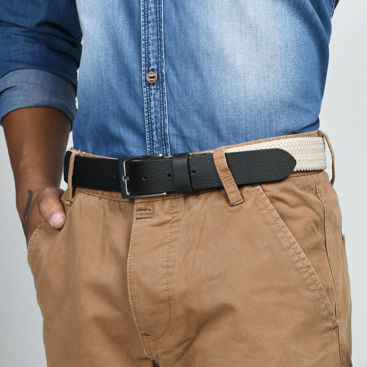 Cream and black braided canvas and leather belt, view 2