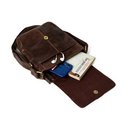 Dark brown buffalo leather messenger bag with large front flap, view 2